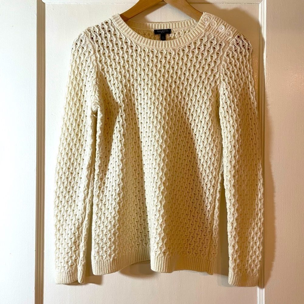Talbots Nylon Lambswool blend white Irish sweater with wavy knit size P Petite